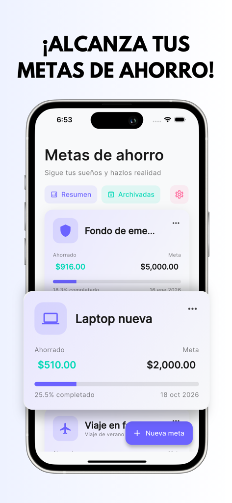 Interfaz de la aplicación Objetivo de Ahorro mostrando el progreso de metas para una laptop y un fondo de emergencia