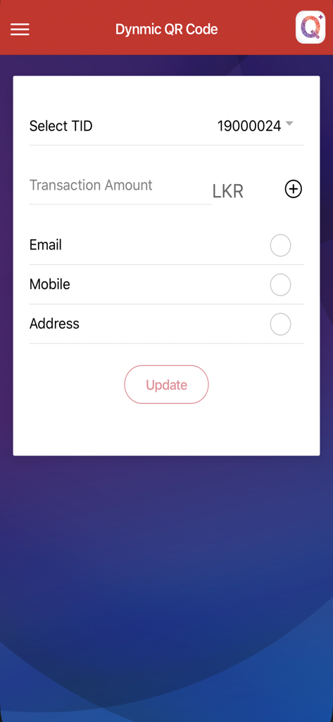 ComBank QPlus Merchant - Interfaz de comerciante para generar un código QR dinámico en la aplicación ComBank QPlus que muestra los detalles de la transacción y el botón de actualización