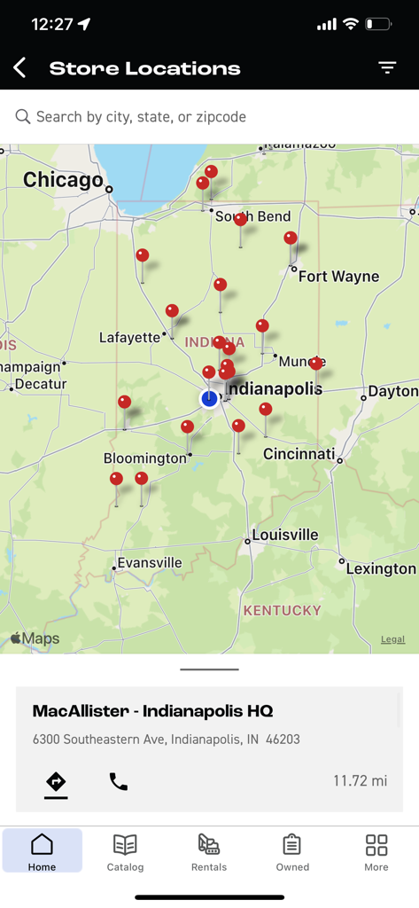 MacOne - Mapa que muestra las ubicaciones de las tiendas MacAllister Machinery en la aplicación MacOne