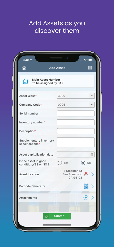 Mobile app interface of mAssetTag showing a form to add a new asset with SAP integration fields