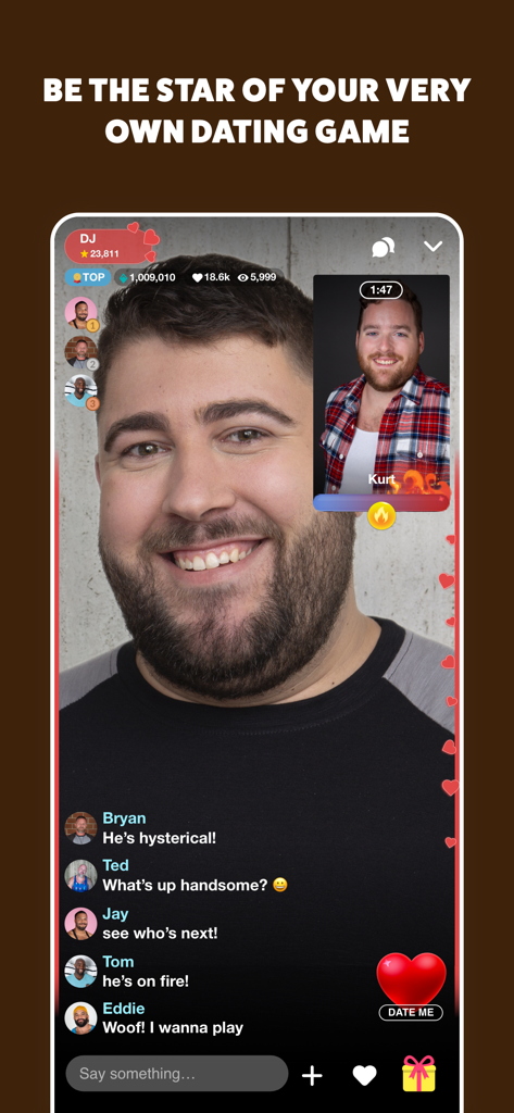 Interfaz de juego de citas por video en vivo en la aplicación Growlr con un streamer masculino y chat de espectadores