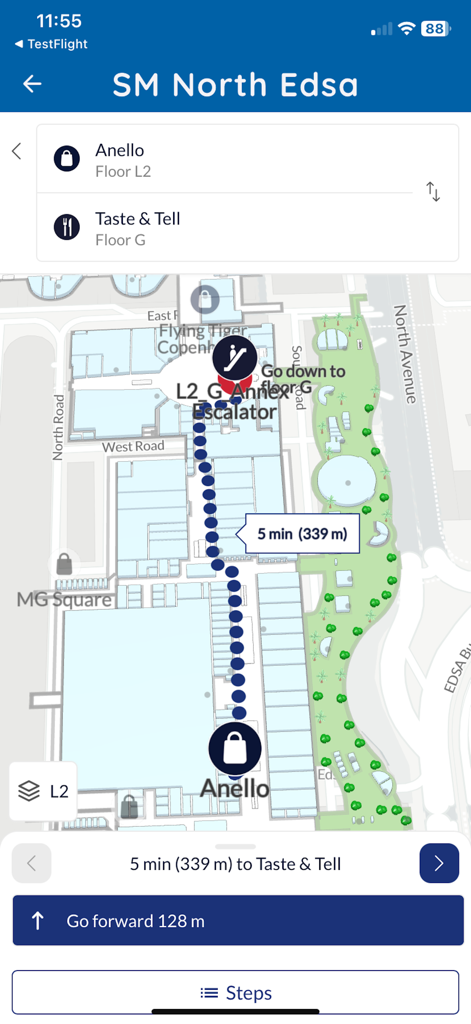 Real-time indoor navigation in SM North Edsa mall using the Duon app