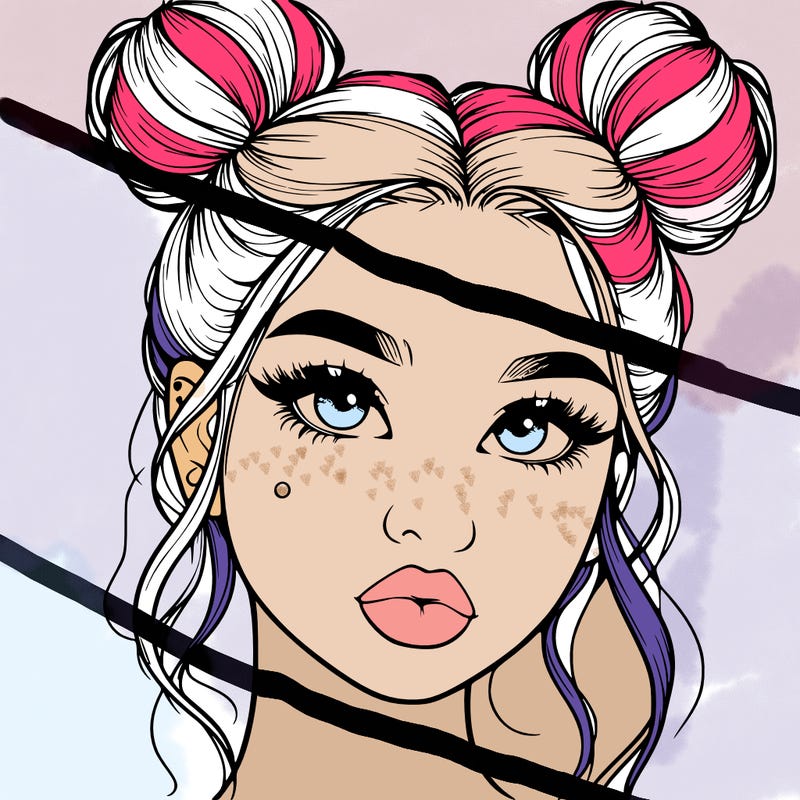 realistic girl with two buns on her hair and lips