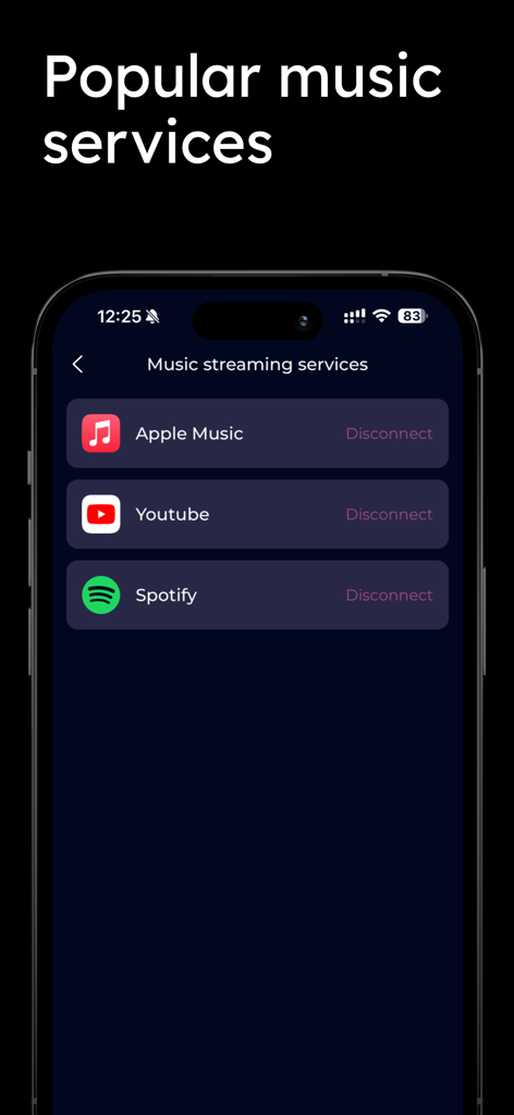 Swapy app screen showing connected music services including Apple Music YouTube and Spotify