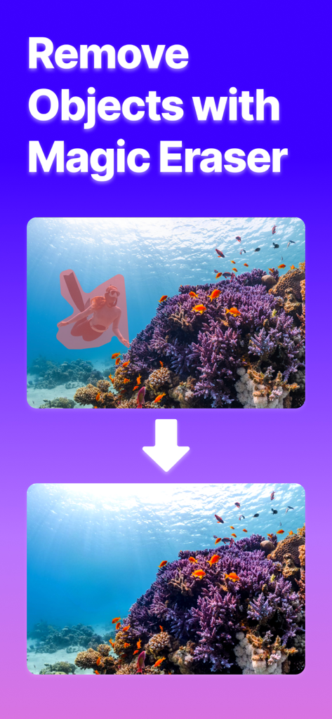 PhotoBox - AI Photo Editor - Before and after demonstration of removing a diver from an underwater scene using the AI magic eraser tool