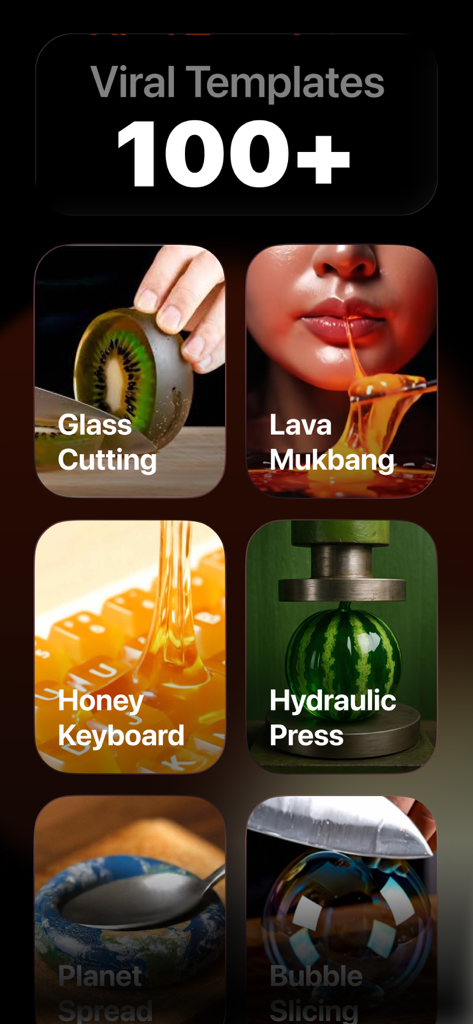 AI ASMR Video Generator: CALMR - Screenshot of CALMR app showing over 100 viral AI ASMR templates including glass cutting and lava mukbang