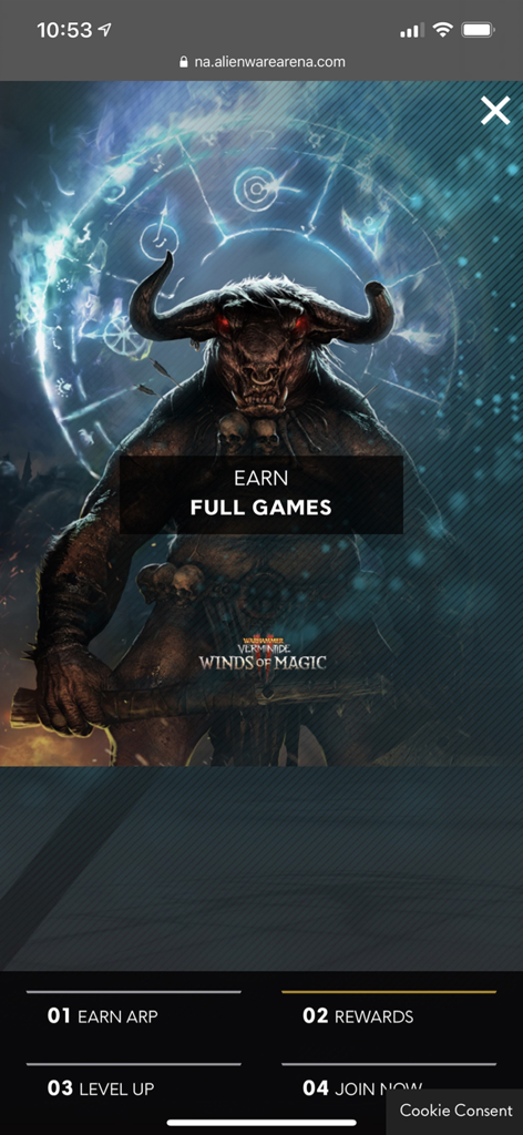 A promotion screen in the Alienware Arena app showing a Warhammer character and the option to earn full games and rewards.