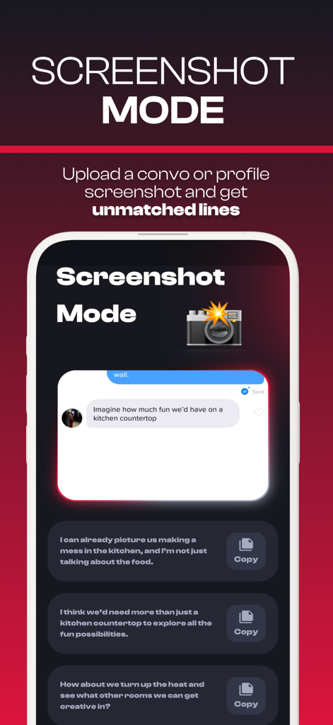 Pickup Lines AI app interface showing screenshot mode to generate dating responses from a chat.