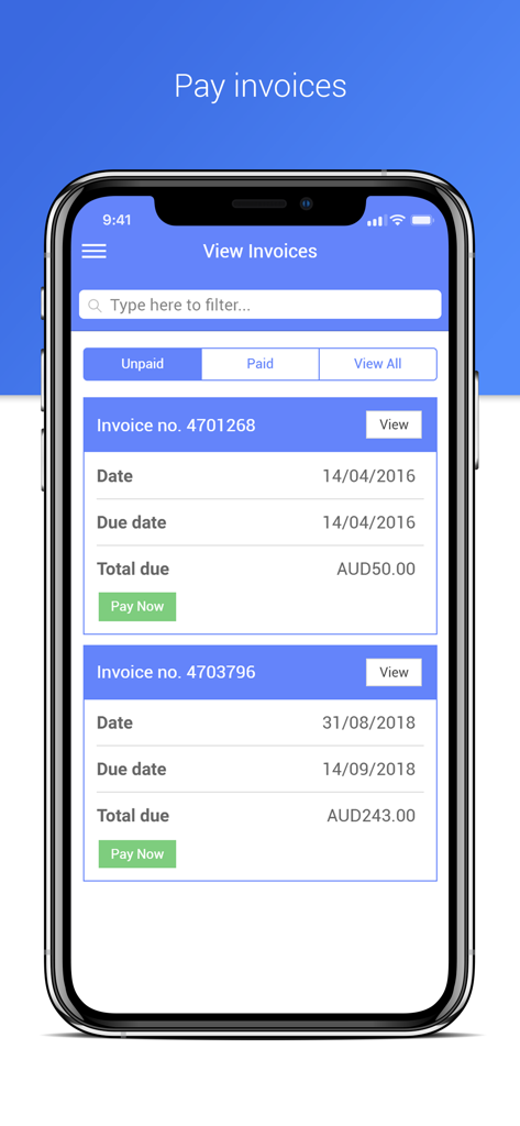 ThinkSmart Portal - A mobile screen showing the View Invoices section of the ThinkSmart Portal app with a list of unpaid invoices and pay now buttons.