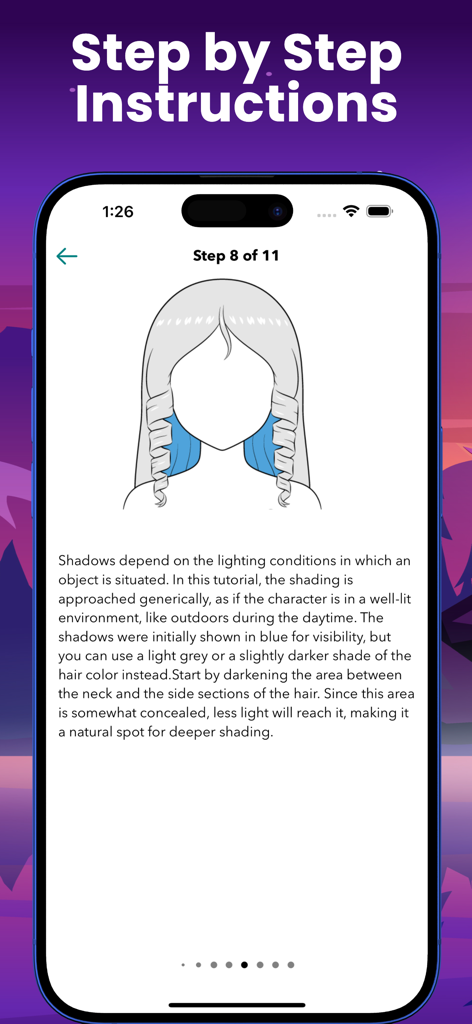 A step by step tutorial for shading anime hair shown on a mobile phone screen.