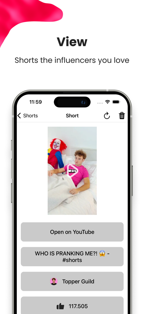 Save & View for YouTube Shorts - インフルエンサーからのキュレーションされた動画を示している、YouTubeショート動画保存・閲覧アプリのアプリインターフェース。