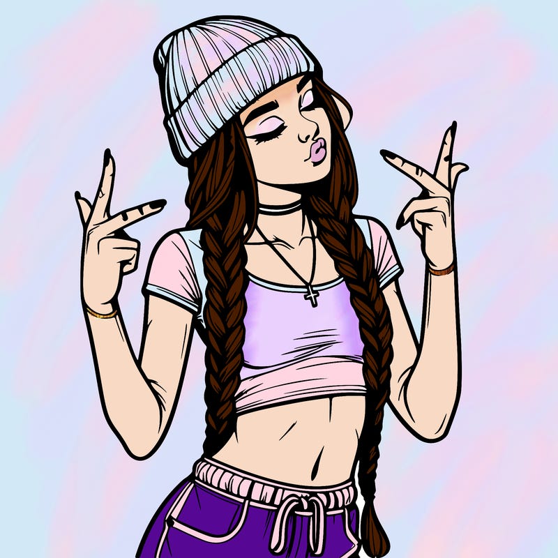 realistic teenage girl with braids and a beanie and crop top doing 🫶🏼