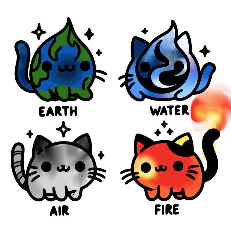 4 cats that represent the different elements, earth, water, air, and fire