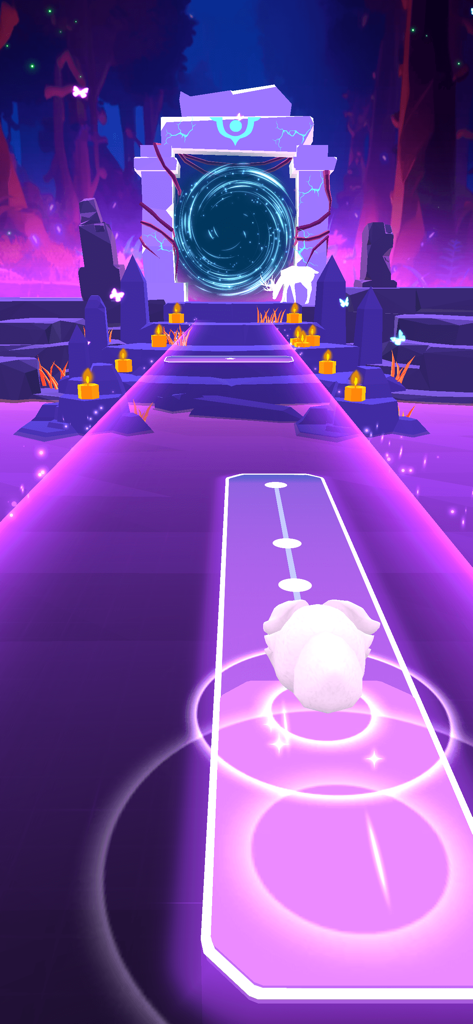 Dream Bounce - A fluffy white character bouncing on a glowing purple path toward a mystical portal in a neon dream world