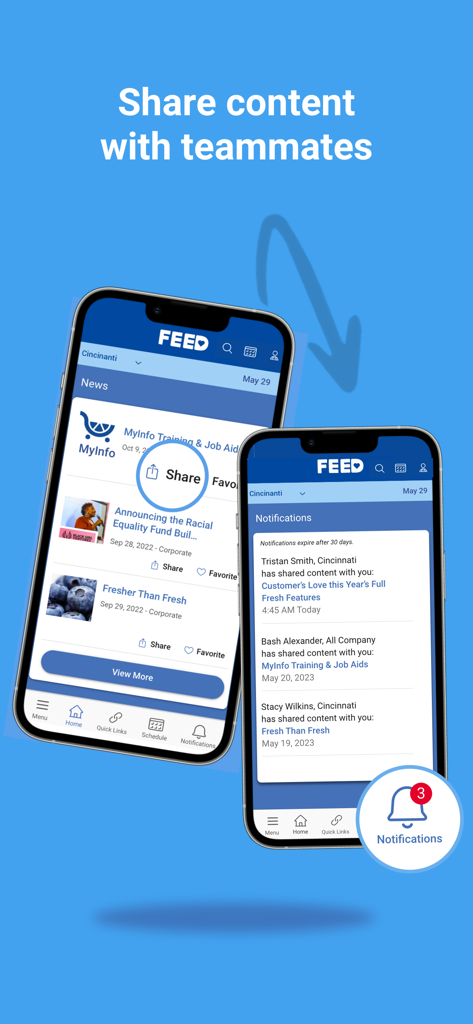 FEED Mobile - Two mobile screens displaying the news feed sharing feature and notifications of shared content from teammates within the FEED Mobile app