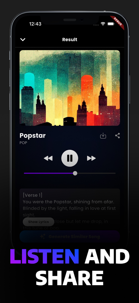 Pantalla de smartphone que muestra el reproductor de música y la letra de una canción generada por IA en la aplicación Suna