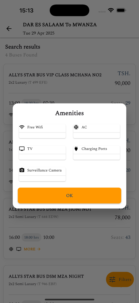 Allys Star Bus - Eine Liste von Bus-Annehmlichkeiten wie WLAN und Klimaanlage in der Allys Star Bus Mobile App.