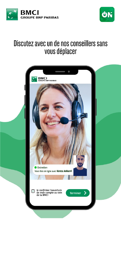 BMCI ON - BMCI ON mobile App-Oberfläche, die einen Videoanruf mit einem entfernten Bankberater zur Online-Kontoeröffnung zeigt