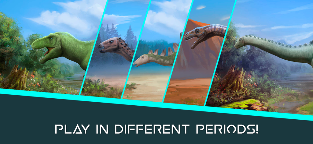 Dinosaur Master! - Collage of various dinosaurs in different prehistoric environments with the text Play in different periods