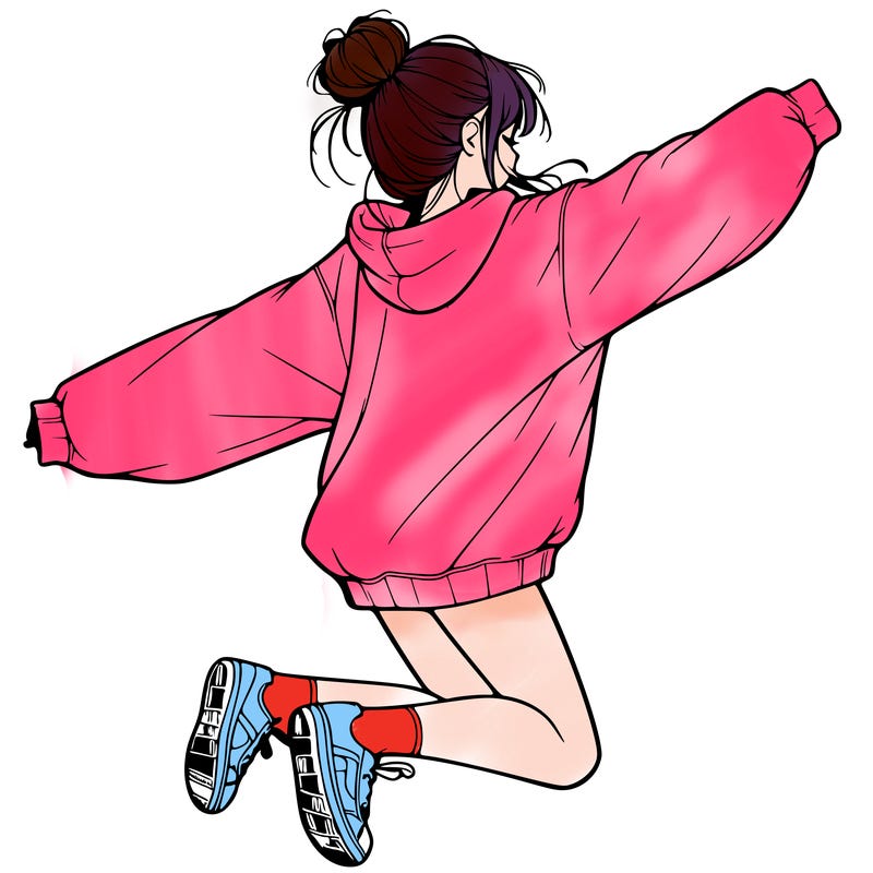realistic girl jumping with a bun and oversized sweatshirt