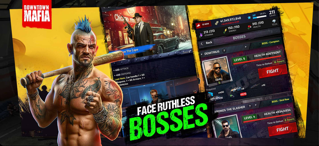Downtown Mafia: Gang Wars RPG - A promotional graphic for Downtown Mafia Gang Wars RPG showing the boss fight screen and character portraits