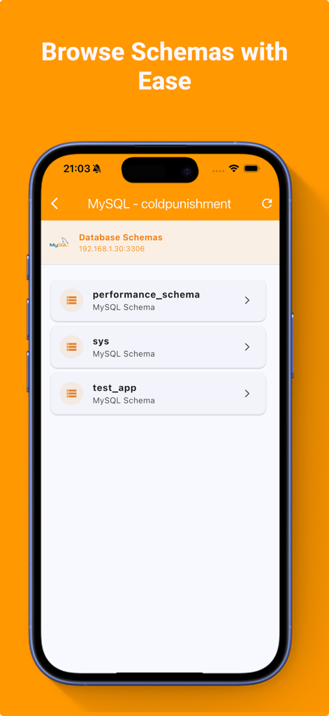 DBeavers – SQL & NoSQL Client - Interface of DBeavers app showing MySQL database schemas on an iPhone screen.
