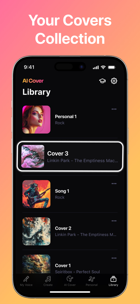 AI Music・Own Voice Cover Maker - AI Music app library showing a collection of generated songs and vocal covers with artistic thumbnails