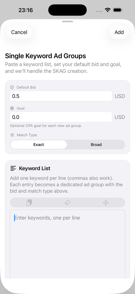 Single Keyword Ad Group Builder-Oberfläche mit Gebots- und Keyword-Einstellungen