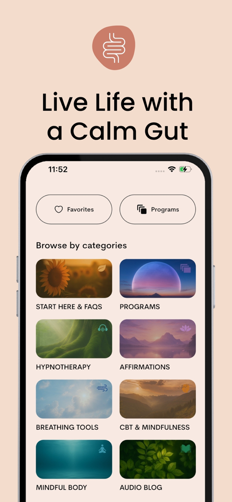 The Calm Gut: IBS Hypnotherapy - The Calm Gut app interface showing therapy categories like hypnotherapy, breathing tools, and CBT for IBS relief.