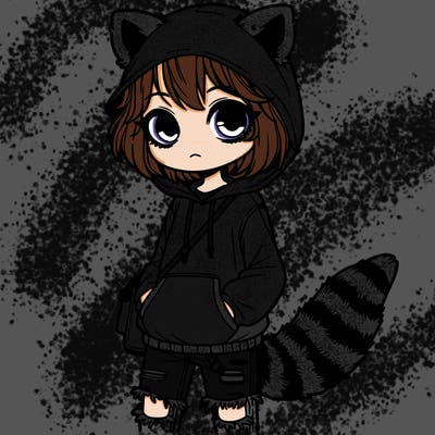 young girl with short hair,raccoon hoodie,a raccoon ears headband,ripped jeans,and a raccoon tail