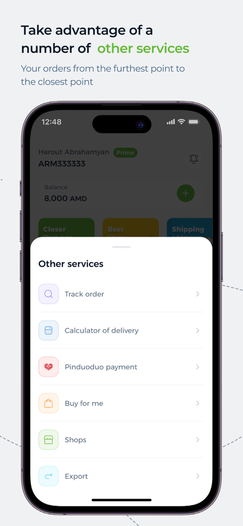 ONEX - Online Express - A menu of additional services in the ONEX app including order tracking delivery calculator and international shopping assistance