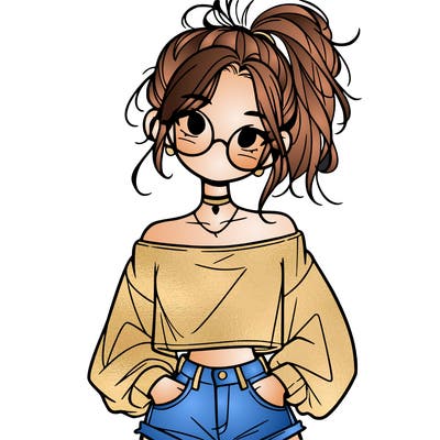 girl with a messy ponytail glasses a baggy crop top and jean shorts