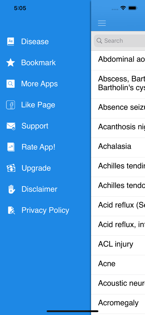 Learn Drug, Medical Dictionary - The sidebar navigation menu and alphabetical disease list within the medical dictionary app