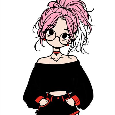 girl with a messy ponytail glasses a baggy crop top and jean shorts