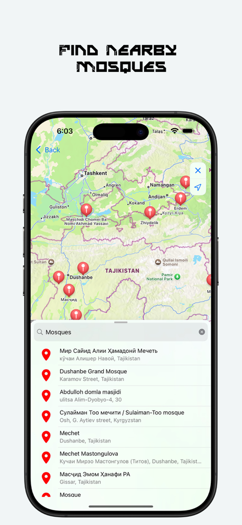 Ramadan Map - Un smartphone mostrando la aplicación Ramadan Map con un mapa de mezquitas cercanas y una lista de ubicaciones.