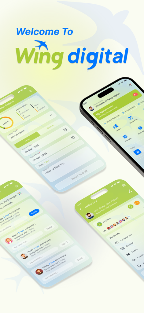 Wing Digital - Overview of Wing Digital app screens for business operations and HR management