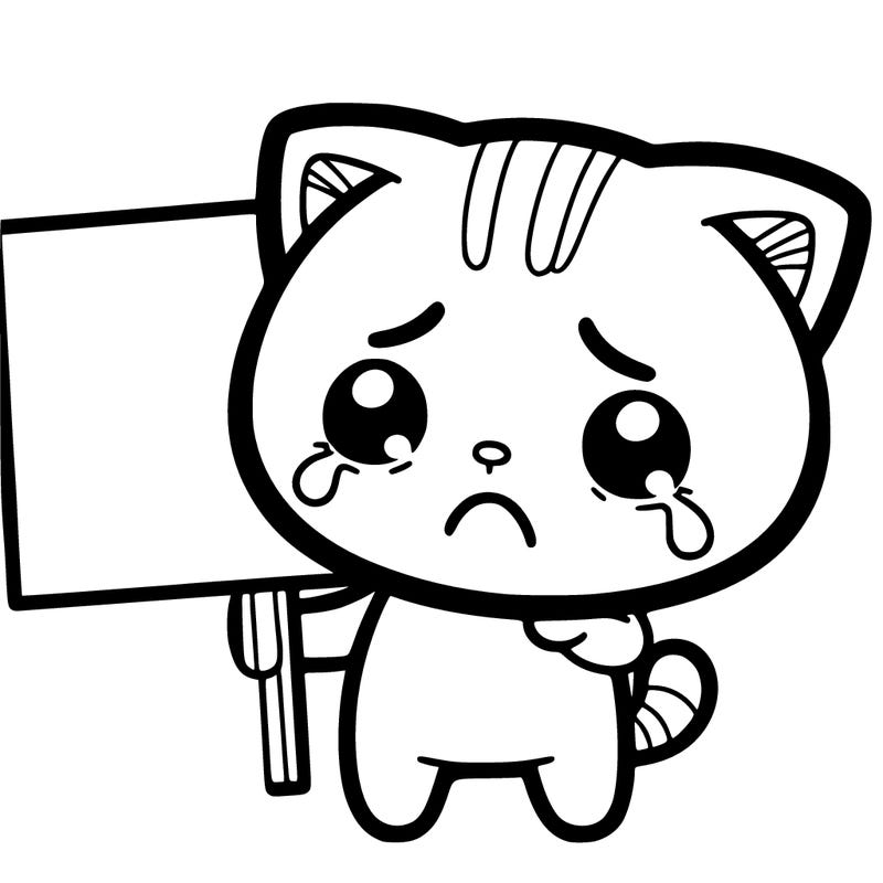 a sad cat holding a sign