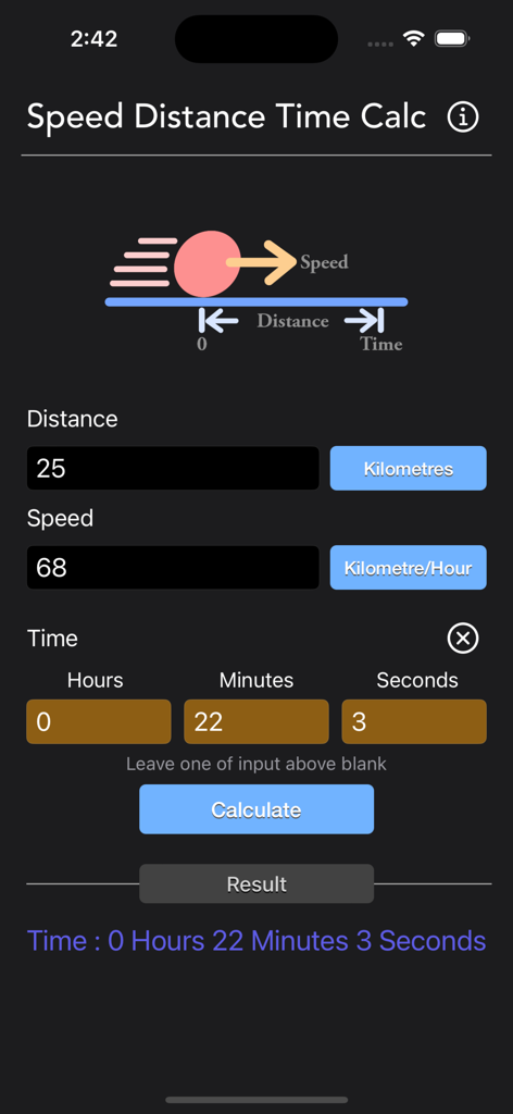 Speed Distance Time Calc - Screenshot of the Speed Distance Time Calc app showing a travel time calculation