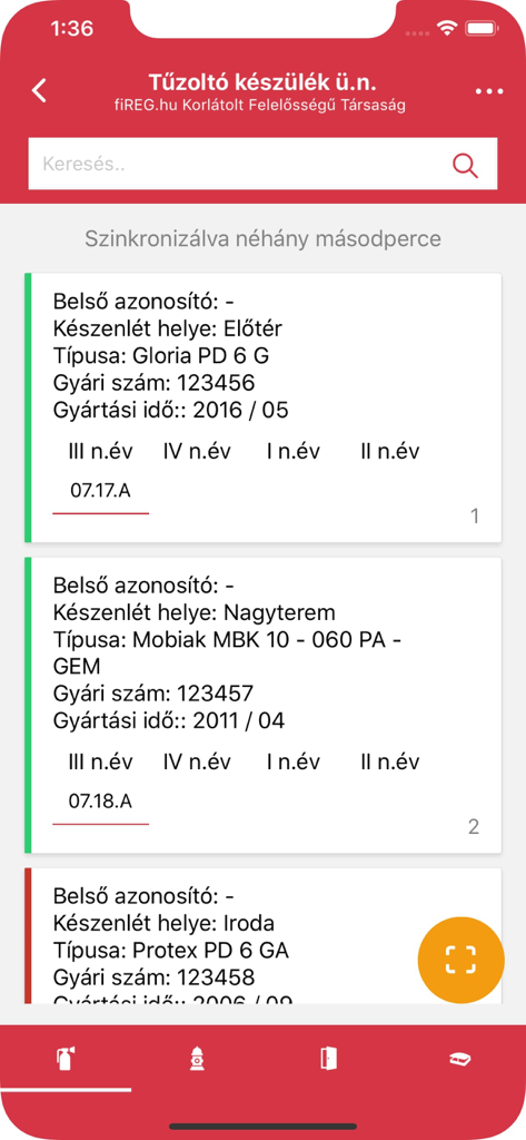 Mobile app dashboard displaying a list of fire extinguisher inspection records and device details.