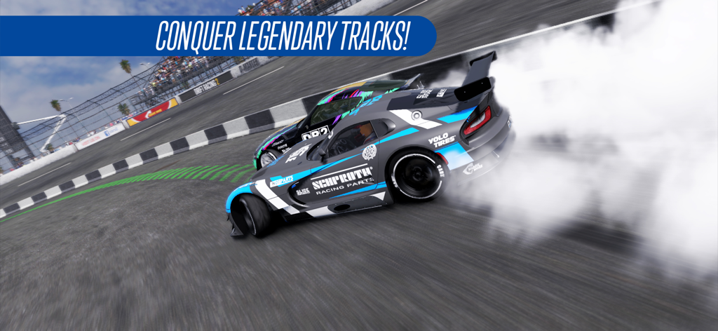 Deux voitures de haute performance effectuant un drift en tandem avec de la fumée de pneu sur un circuit de course professionnel