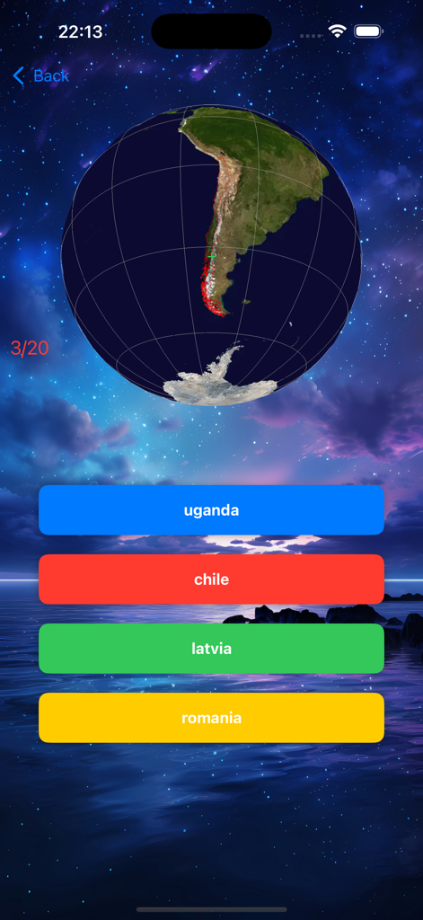 Earth 3D Globe - World Map - Quiz de géographie interactif sur globe 3D montrant une question à choix multiples pour identifier le Chili sur la carte