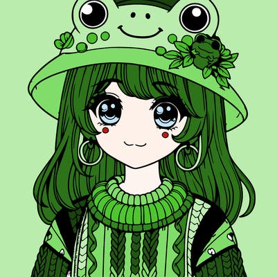 realistic girl wearing frog sweater and a frog hat with frog earrings