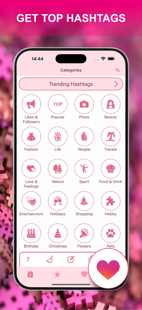 Get Followers & Boost Likes - Screen of Get Followers and Boost Likes app displaying various hashtag categories such as Beauty Fashion and Travels to increase engagement