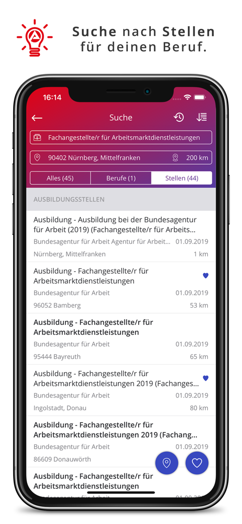 AzubiWelt - AzubiWelt mobile app interface showing a list of search results for apprenticeship job positions
