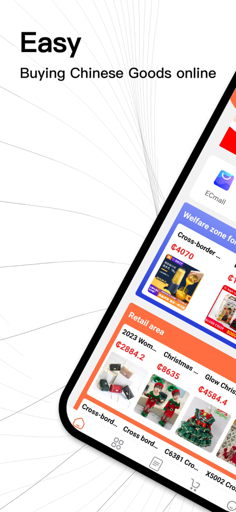 The DgoMall mobile app interface displaying wholesale products from China with prices in Ghanaian Cedi.