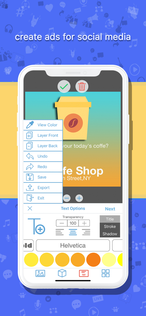 Interface of the Ad Maker app showing social media advertisement editing tools for a coffee shop post