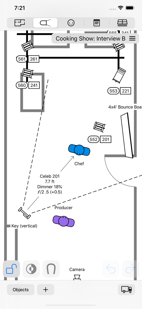 Top down lighting plot for a film set showing light fixtures and talent positions on a mobile interface