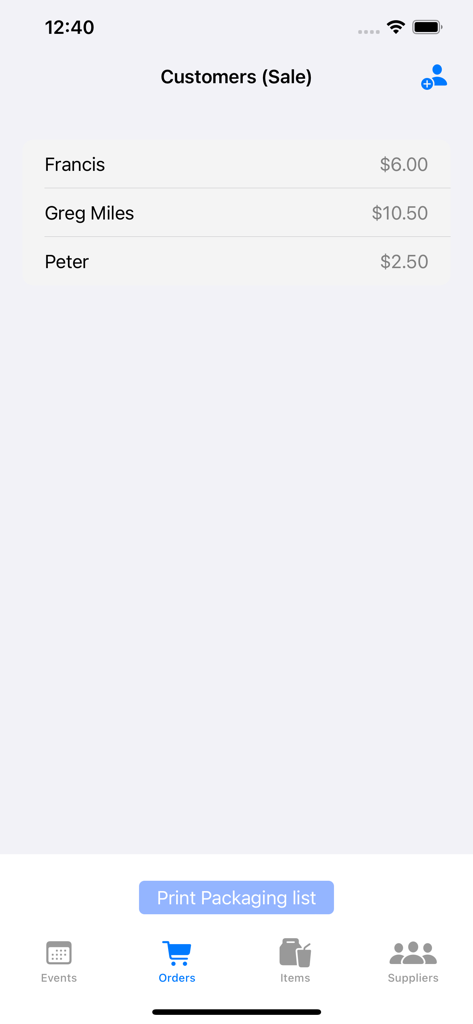 PreO - The Preorder Manager - Tela do aplicativo PreO mostrando uma lista de clientes com seus totais de pedidos e um botão para imprimir uma lista de embalagem.