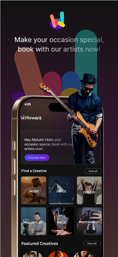 Howwe - Howwe app interface for booking artists and performers for events