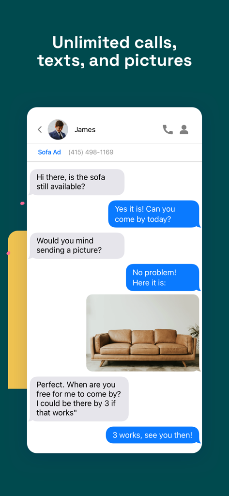 Second Texting Number:Unlisted - A conversation in the Unlisted app showing text and picture messages for a sofa advertisement